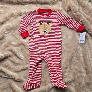Carter's Red and White Striped Reindeer Footie, Size 6 Months - NEW